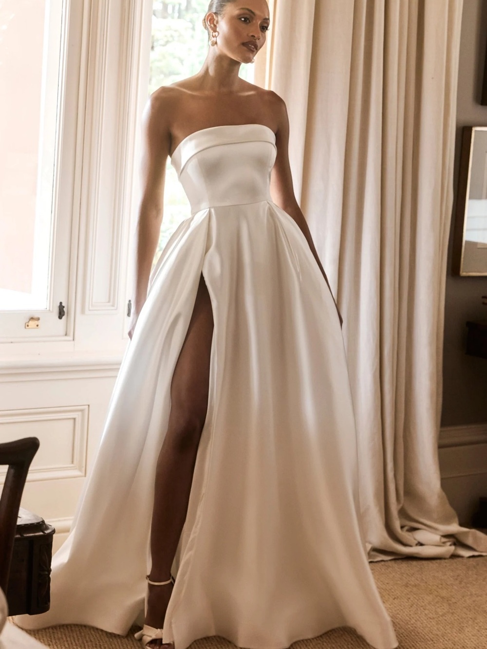 Meshki Eileen Strapless White Satin wedding dress with High Slits